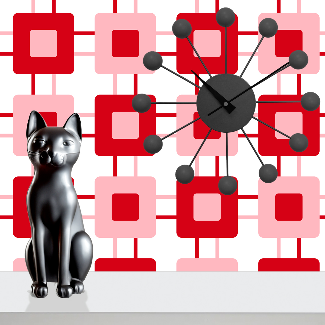 The artwork features a repeating geometric pattern of symmetrical shapes resembling elongated, curved diamonds or petals in various shades of blue and green. Each shape is split vertically with one half filled with a light blue and the other half filled with green or darker blue. The background is a light, almost pastel blue, which provides a soft yet vibrant backdrop. One of the blue shapes near the upper left contains a white starburst element, adding a focal point of brightness to the composition. The overall design conveys a modern, mid-century aesthetic with clean lines and harmonious color contrasts.